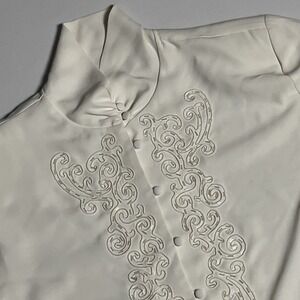 Vtg Jacqueline Ferrar Beaded Blouse Sz 16 Ivory Mock Neck Button Lightweight Top